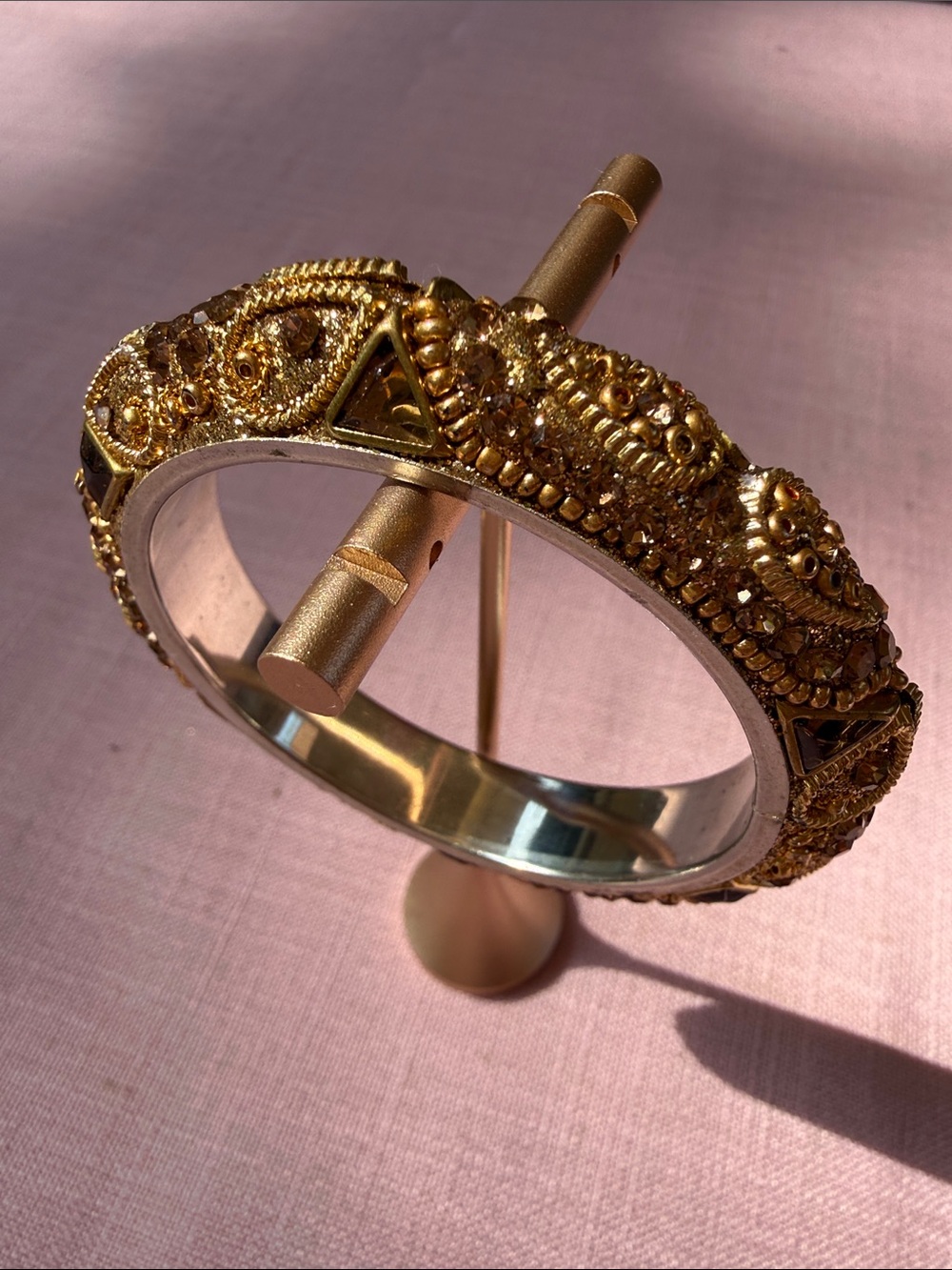 Vintage Gold Tone Byzantine Smoky Crystal Statement Hinged Bangle Bracelet
